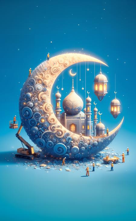 workers building a giant ornate crescent moon