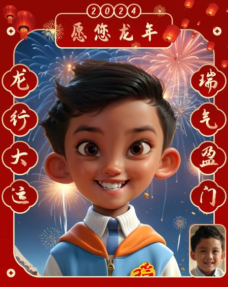 New Year's greeting photos of cartoon characters