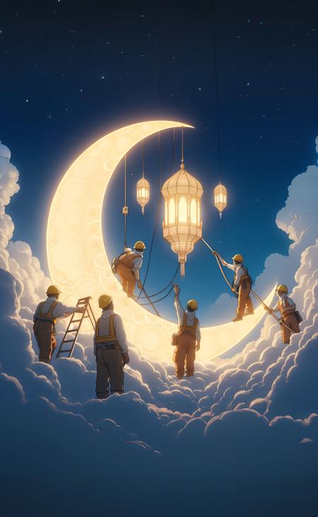 workers building a giant ornate crescent moon