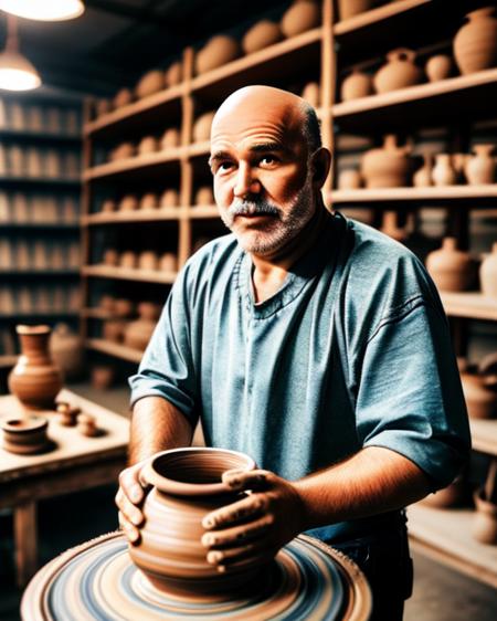 Potter and the rotating potter's wheel in Pottery studio