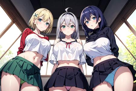 OpenPose: 3girls, from below, arms behind back, pantyshot