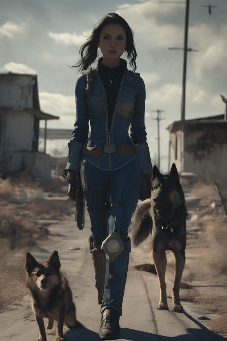 Fallout shelter female character style, sometimes with dogs