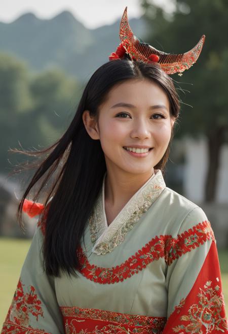苗族分支歪梳苗少女半月木梳头饰 Young girls from the  Waishu Miao branch of the Miao ethnic group adorn their hair with half-moon shaped wooden combs.