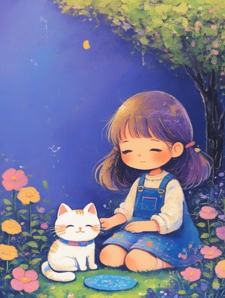 【Storybook Lora】 Dreamy blue purple hand-drawn style, oil painting stick style XL