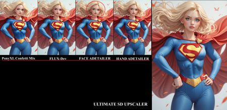 FLUX DEV Hi-Res Fix, Img2img, In- & Out- paint, Wildcards, LORAs, Ultimate SD Upscaler, ControlNet, Adetailer, Redux, Style Changer版本?SD to F.1 v2.3 Ult (ID: 771991)