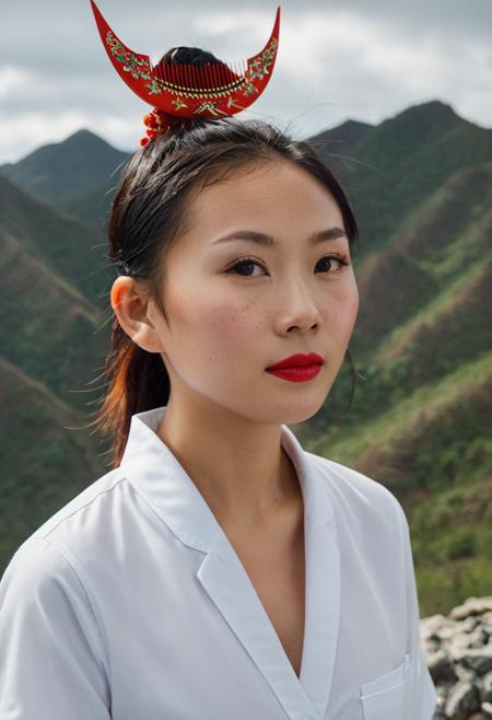 苗族分支歪梳苗少女半月木梳头饰 Young girls from the  Waishu Miao branch of the Miao ethnic group adorn their hair with half-moon shaped wooden combs.