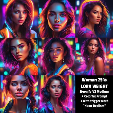 Neonify SDXL - Neon Realism + Cel Shading + Cartoonerize (5 Lora Levels)