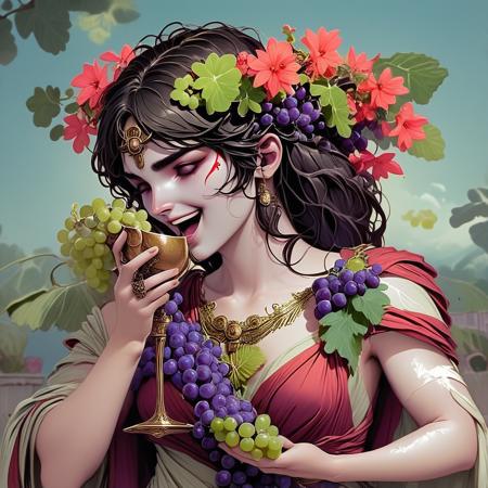 Holds goblet and grapes