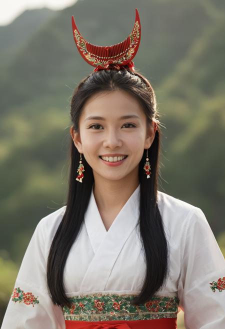 苗族分支歪梳苗少女半月木梳头饰 Young girls from the  Waishu Miao branch of the Miao ethnic group adorn their hair with half-moon shaped wooden combs.