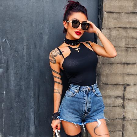 Woman with a tattoo and sunglasses SDXL