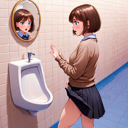 girlpeeingSDXL-----girl peeing into urinal (or pee desperation and wetting next to urinal)