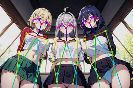 OpenPose: 3girls, from below, arms behind back, pantyshot版本v1.0 (ID: 167416)