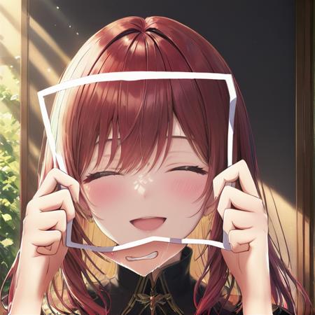 girl hides sadness with a photo
