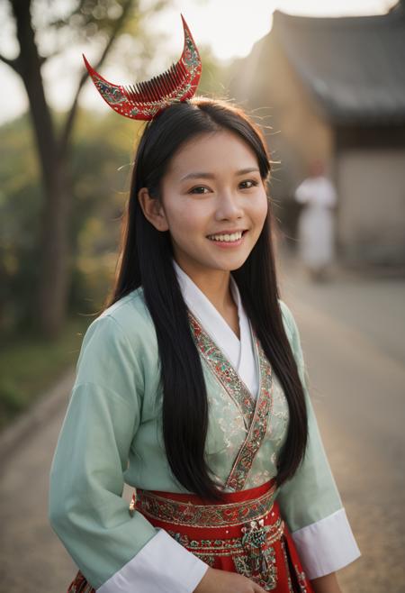 苗族分支歪梳苗少女半月木梳头饰 Young girls from the  Waishu Miao branch of the Miao ethnic group adorn their hair with half-moon shaped wooden combs.