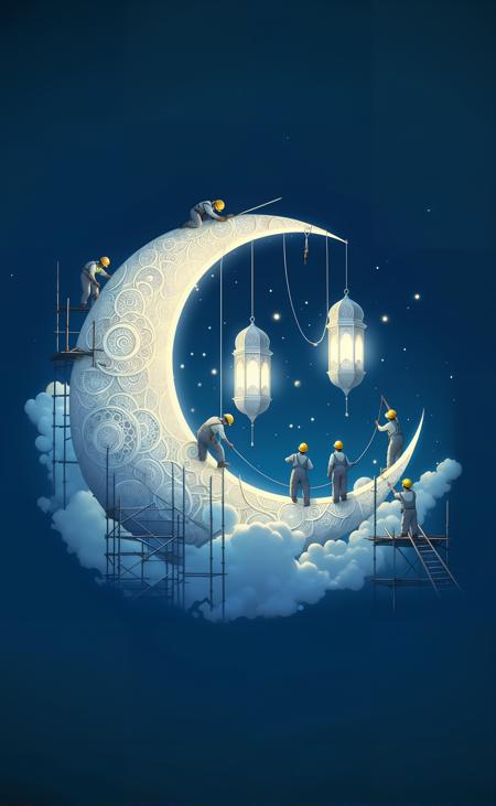 workers building a giant ornate crescent moon