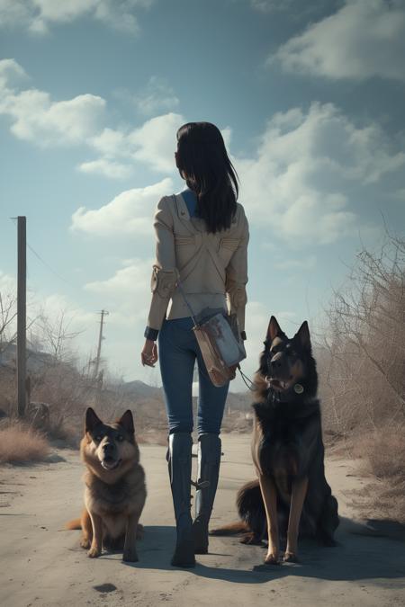 Fallout shelter female character style, sometimes with dogs