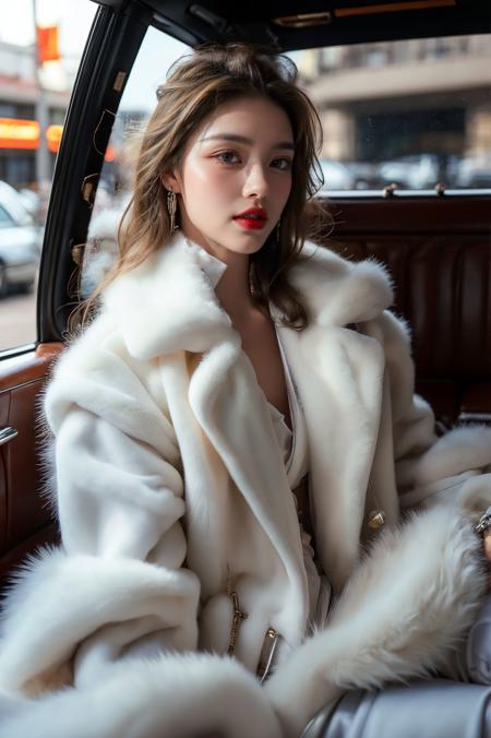绪儿-皮草 车内场景 xuer white fur coat