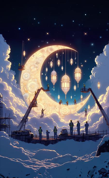 workers building a giant ornate crescent moon