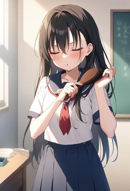 [SDXL&Pony] brushing hair / brushing own hair / 髪を梳かす / ブラッシング版本Animagine v1.0 (ID: 600361)