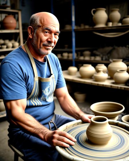 Potter and the rotating potter's wheel in Pottery studio