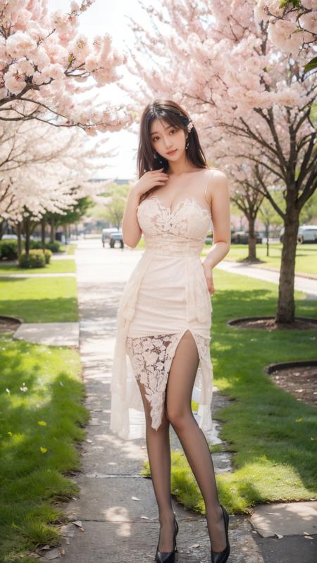 白色蕾丝连衣短裙+黑丝