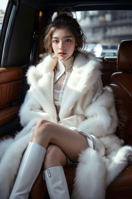 绪儿-皮草 车内场景 xuer white fur coat