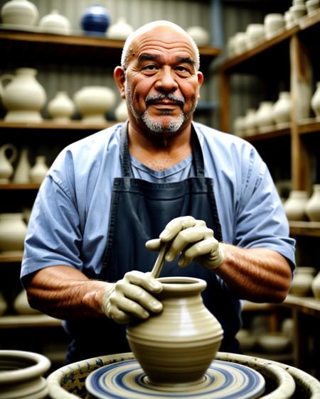 Potter and the rotating potter's wheel in Pottery studio