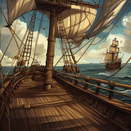 Ship deck (wooden sailing ship, warm anime)