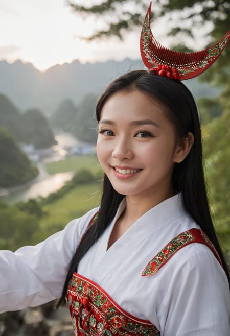 苗族分支歪梳苗少女半月木梳头饰 Young girls from the  Waishu Miao branch of the Miao ethnic group adorn their hair with half-moon shaped wooden combs.