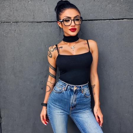 Woman with a tattoo and sunglasses SDXL