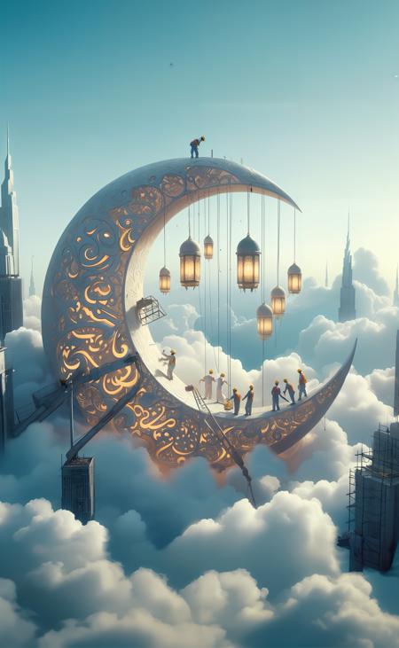 workers building a giant ornate crescent moon