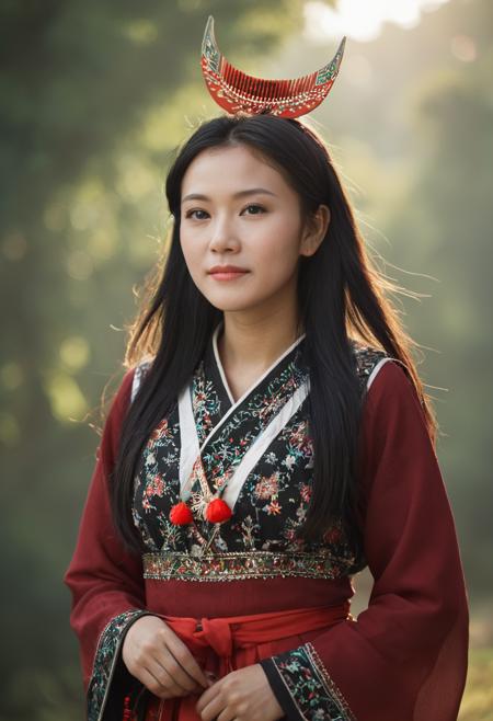 苗族分支歪梳苗少女半月木梳头饰 Young girls from the  Waishu Miao branch of the Miao ethnic group adorn their hair with half-moon shaped wooden combs.