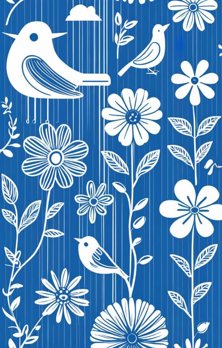 Simple flower and bird stripes in a blue and white style [SDXL] 72