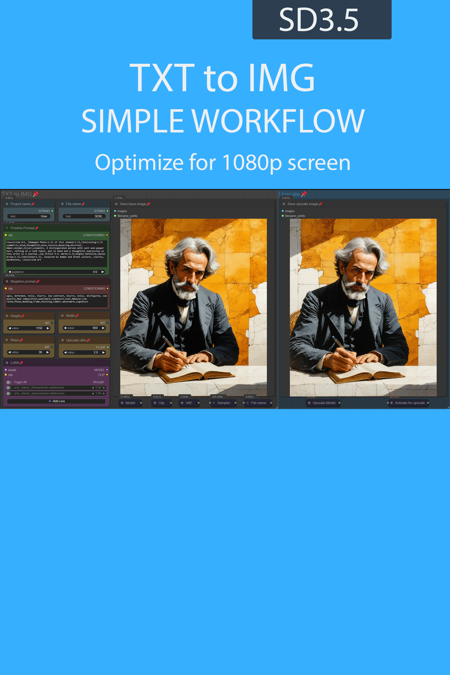 TXT to IMG simple workflow SD3.5 | UPSCALE | LORA | GGUF | CIVITAI Metadata版本v1.0 - Large (ID: 987108)
