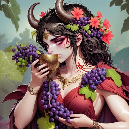 Holds goblet and grapes