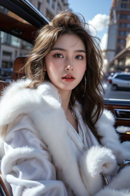 绪儿-皮草 车内场景 xuer white fur coat